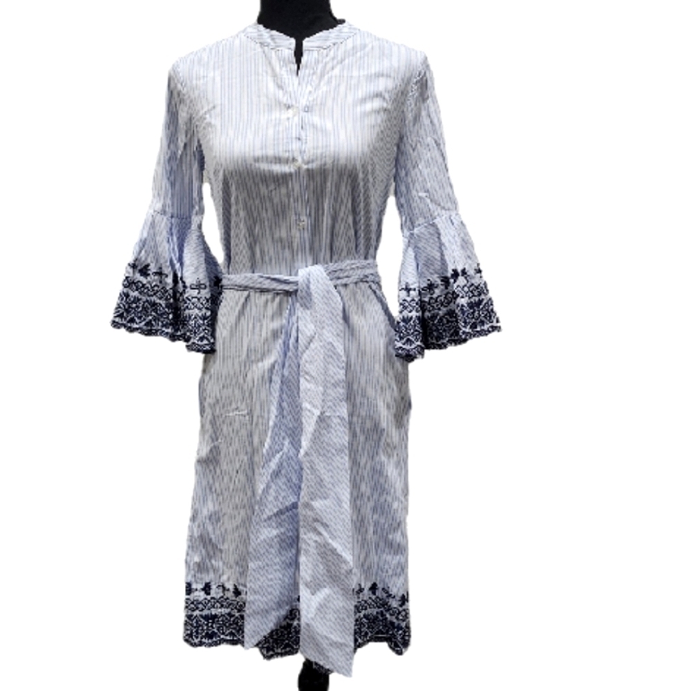 Tahari Striped Belted Ruffled Enbroidered Sleeve Shirt Dress Size 0